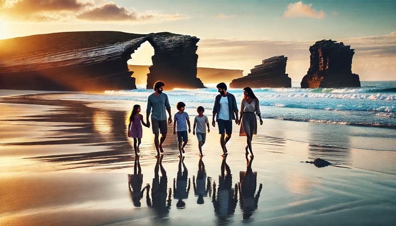 Family walking along the beach of the Cathedrals